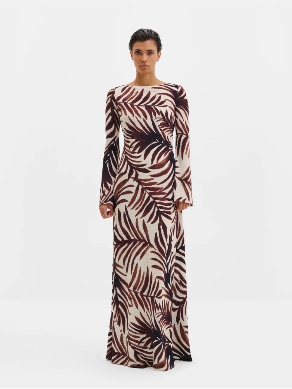 By malina long Sleeve Cream and Brown Leaf-Print Maxi Dress open back